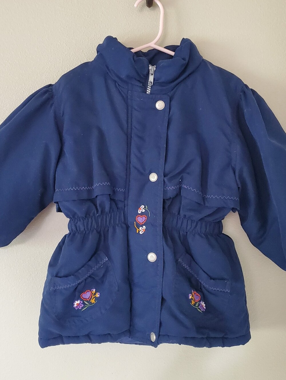 Lil BYER Vintage 1990s Girls Parka Puffer Coat, 4T, Navy Blue, Floral Embroidery